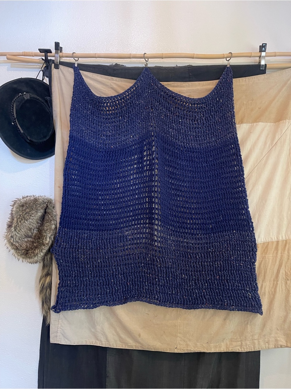 Chunky Navy Blue Open Knit Throw Blanket Fleck Hand Knit Style